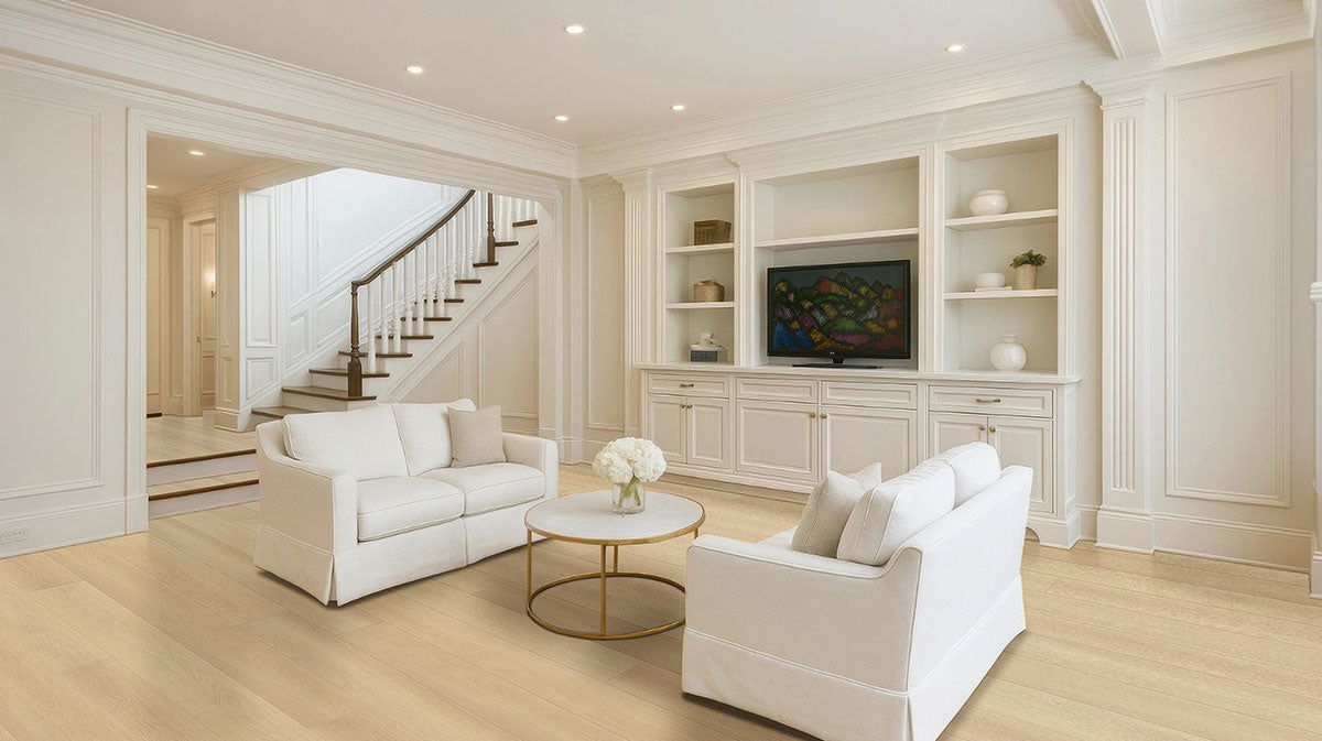 Shorecliffs 9x87 12mm Waterproof Hybrid Rigid-Core Flooring — installed room view — color Houston Trail