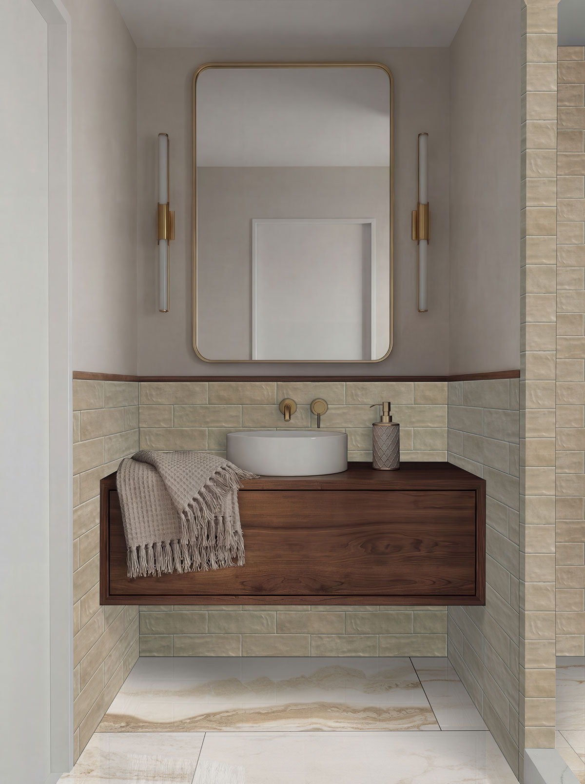 Sierra Umber 4x12 Matte Porcelain Wall Tile — installed room view — color Umber