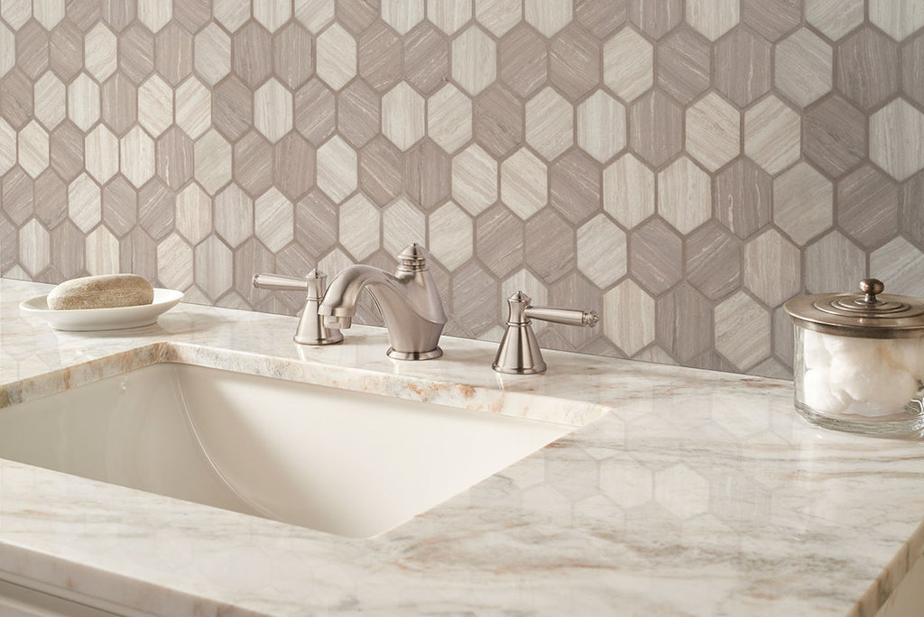 Silva Oak 2-Inch Hexagon 6mm Recycled-Glass Mosaic — installed room view — color Oak 2