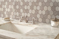 Silva Oak 2-Inch Hexagon 6mm Recycled-Glass Mosaic — installed room view — color Oak 2