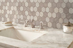 Silva Oak 2-Inch Hexagon 6mm Recycled-Glass Mosaic — installed room view — color Oak 2