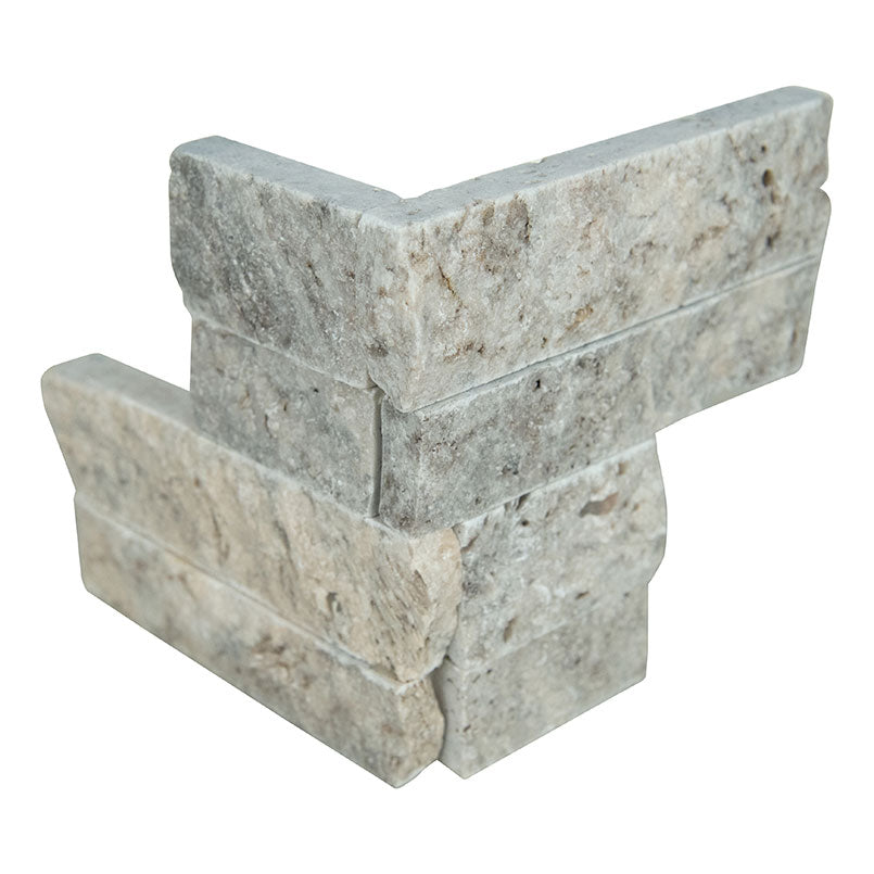 RockMount M-Series 4.5x9 Natural-Stone Mini Panel Corner — close-up texture view — color Silver Travertine