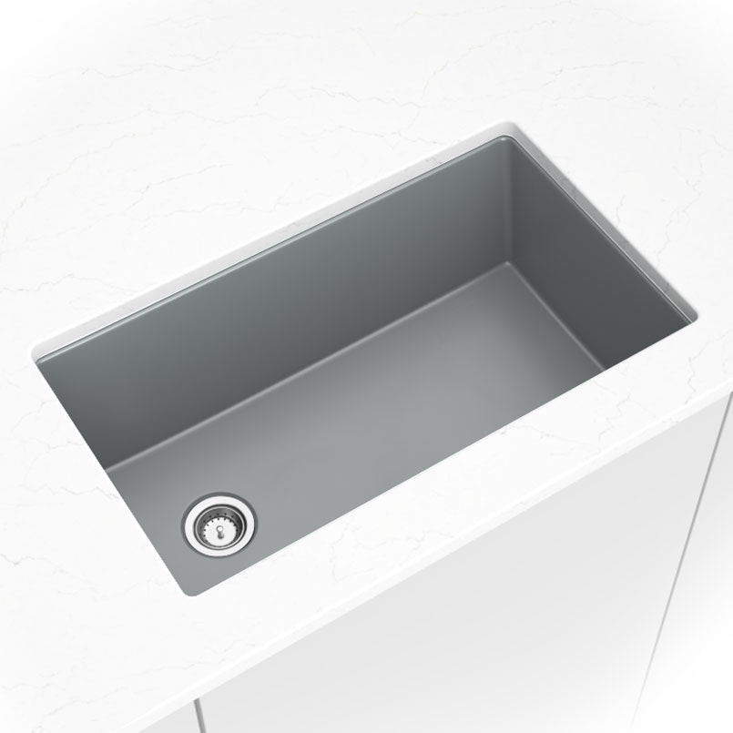 Quartz Composite Straight Single-Bowl Sink 3119 — installed room view — color Gray