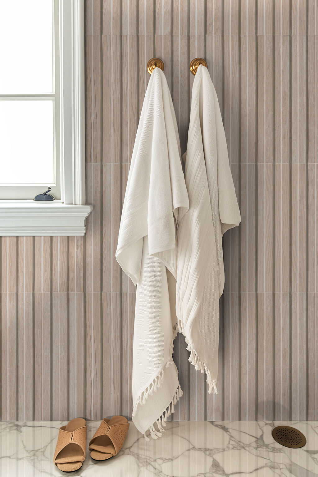 Sinfonia Hip Hop Fluted Porcelain Wall Tile — installed room view — color Abedul