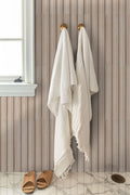 Sinfonia Hip Hop Fluted Porcelain Wall Tile — installed room view — color Abedul