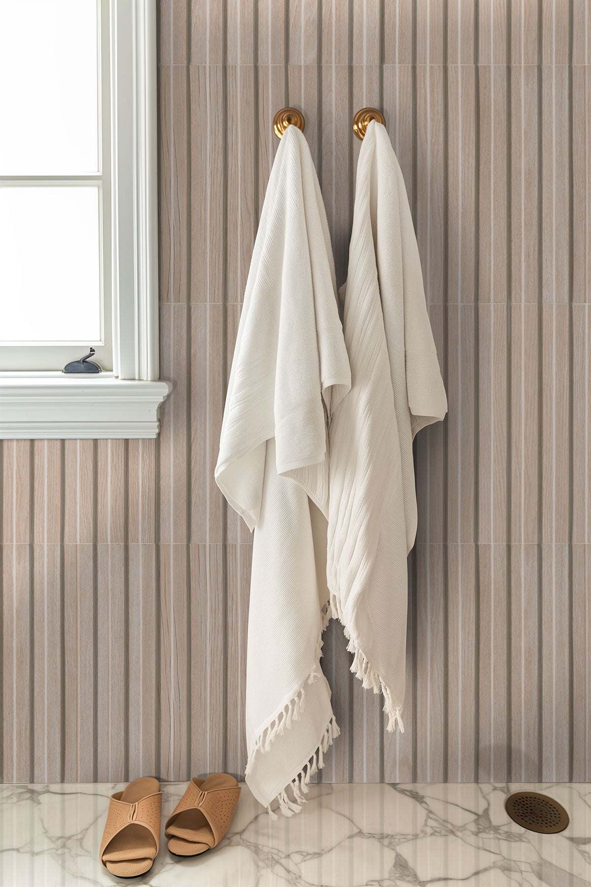 Sinfonia Hip Hop Fluted Porcelain Wall Tile — installed room view — color Abedul