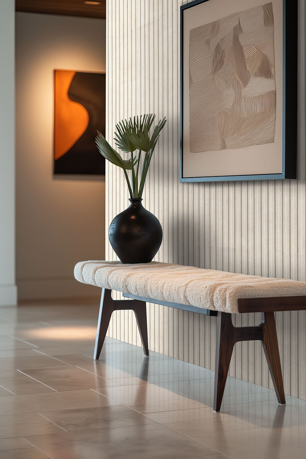 Sinfonia Hip Hop Fluted Porcelain Wall Tile — installed room view — color Arena