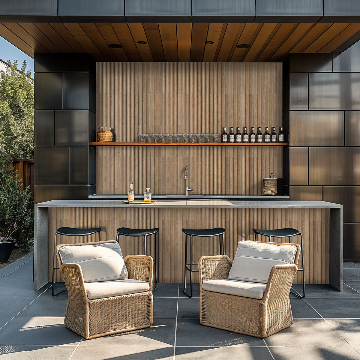 Sinfonia Hip Hop Fluted Porcelain Wall Tile — installed room view — color Camel