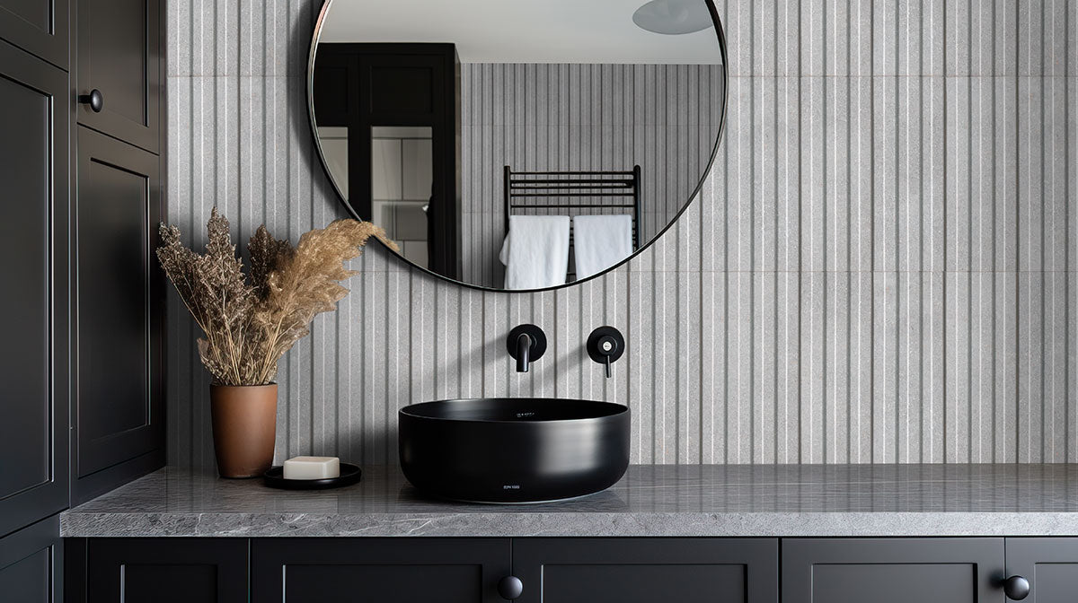 Sinfonia Hip Hop Fluted Porcelain Wall Tile — installed room view — color Ceniza
