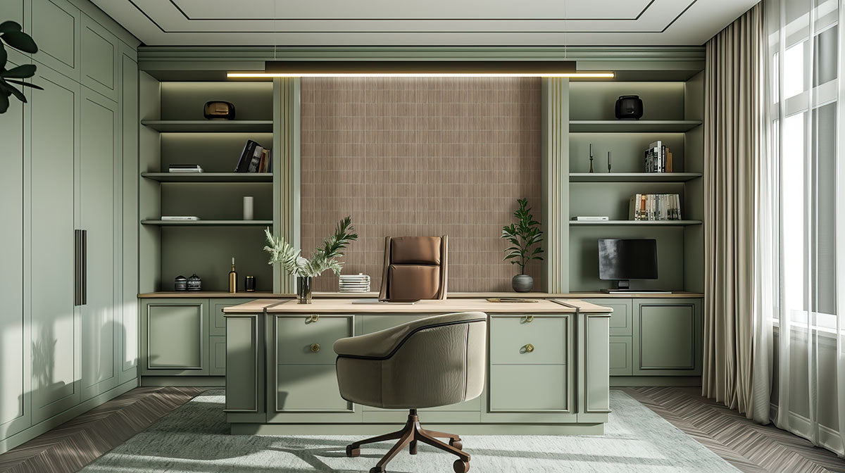 Sinfonia Piano Fluted Porcelain Wall Tile — installed room view — color Camel