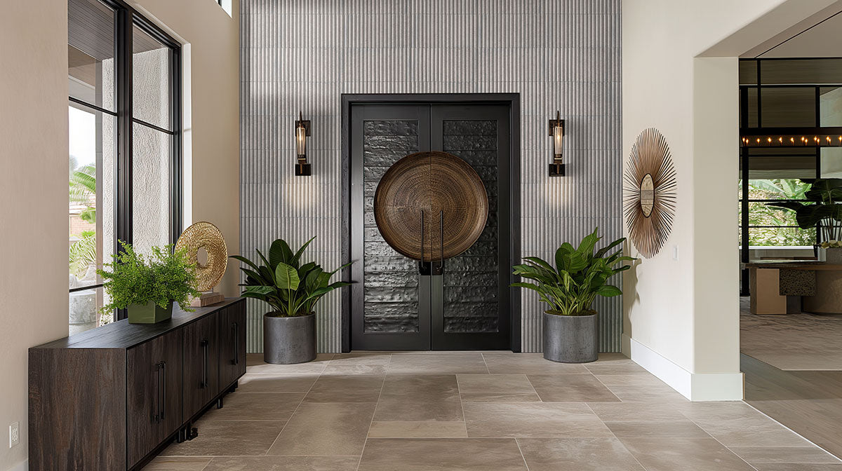 Sinfonia Piano Fluted Porcelain Wall Tile — installed room view — color Ceniza