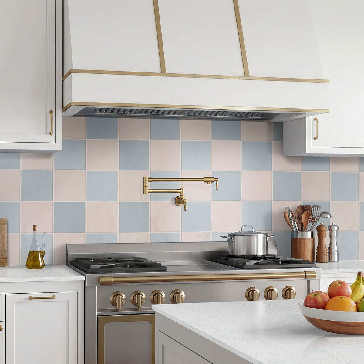 Renzo Glossy Ceramic Wall Tile — installed room view — color Sky