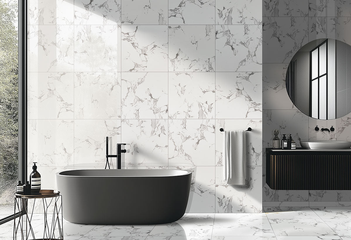 Pietra Statuario 3x18 Matte Porcelain Bullnose — installed room view