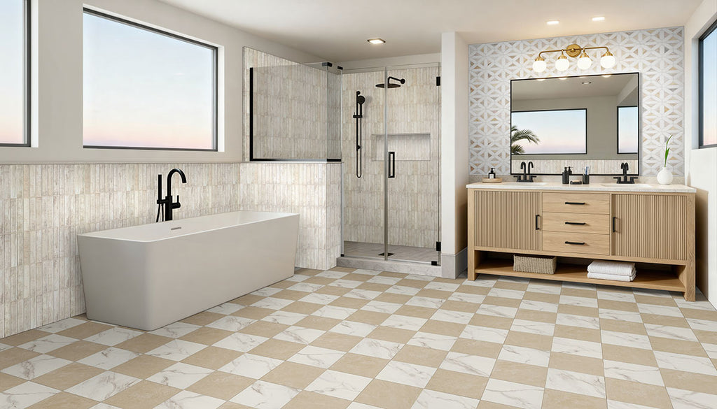 Stella 2x10 Glossy Ceramic Wall Tile — installed room view — color Biscotti