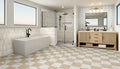 Stella 2x10 Glossy Ceramic Wall Tile — installed room view — color Biscotti