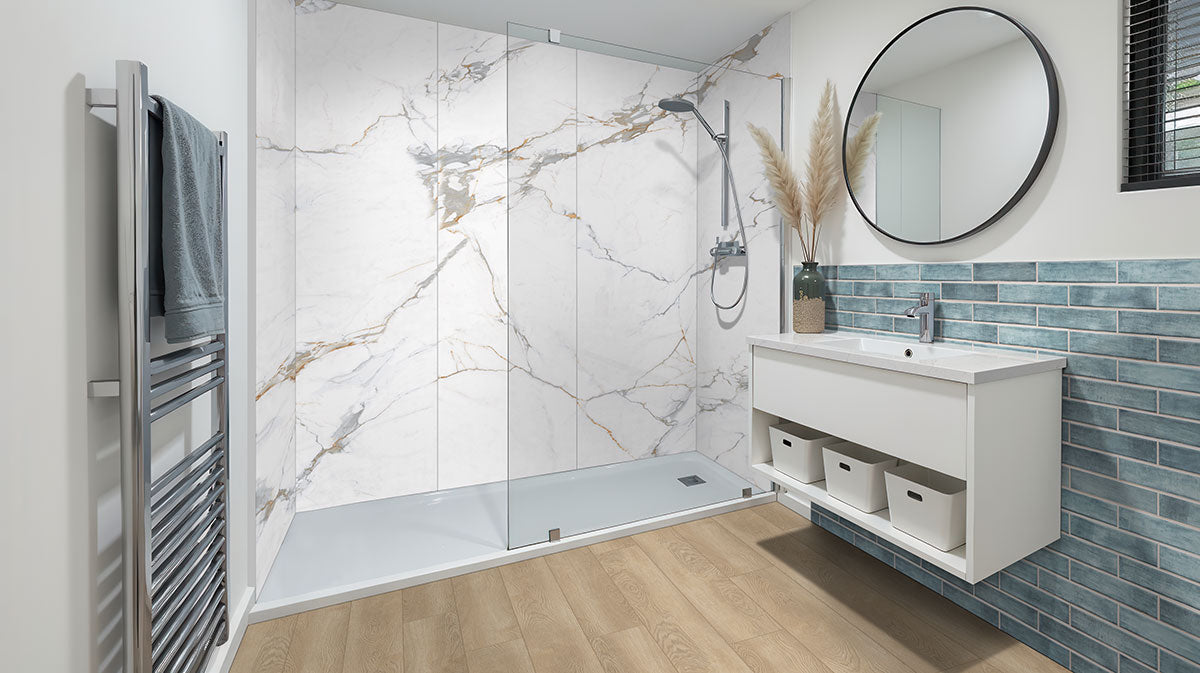 Stella 2x10 Glossy Ceramic Wall Tile — installed room view — color Oceano