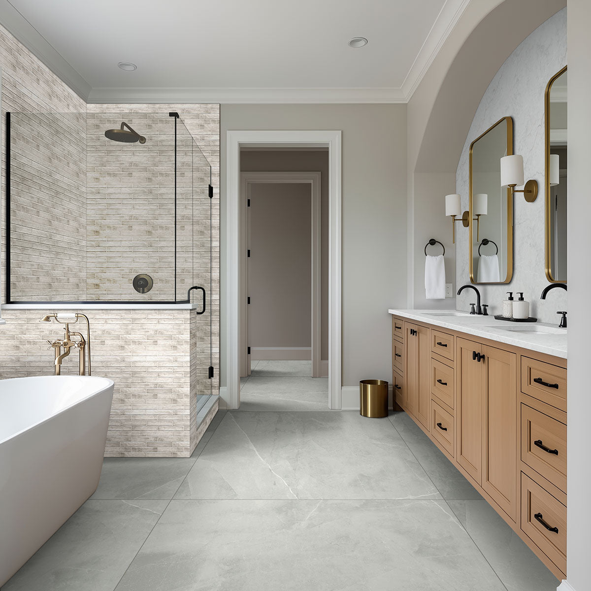 Stella 2x10 Glossy Ceramic Wall Tile — installed room view — color Rhino