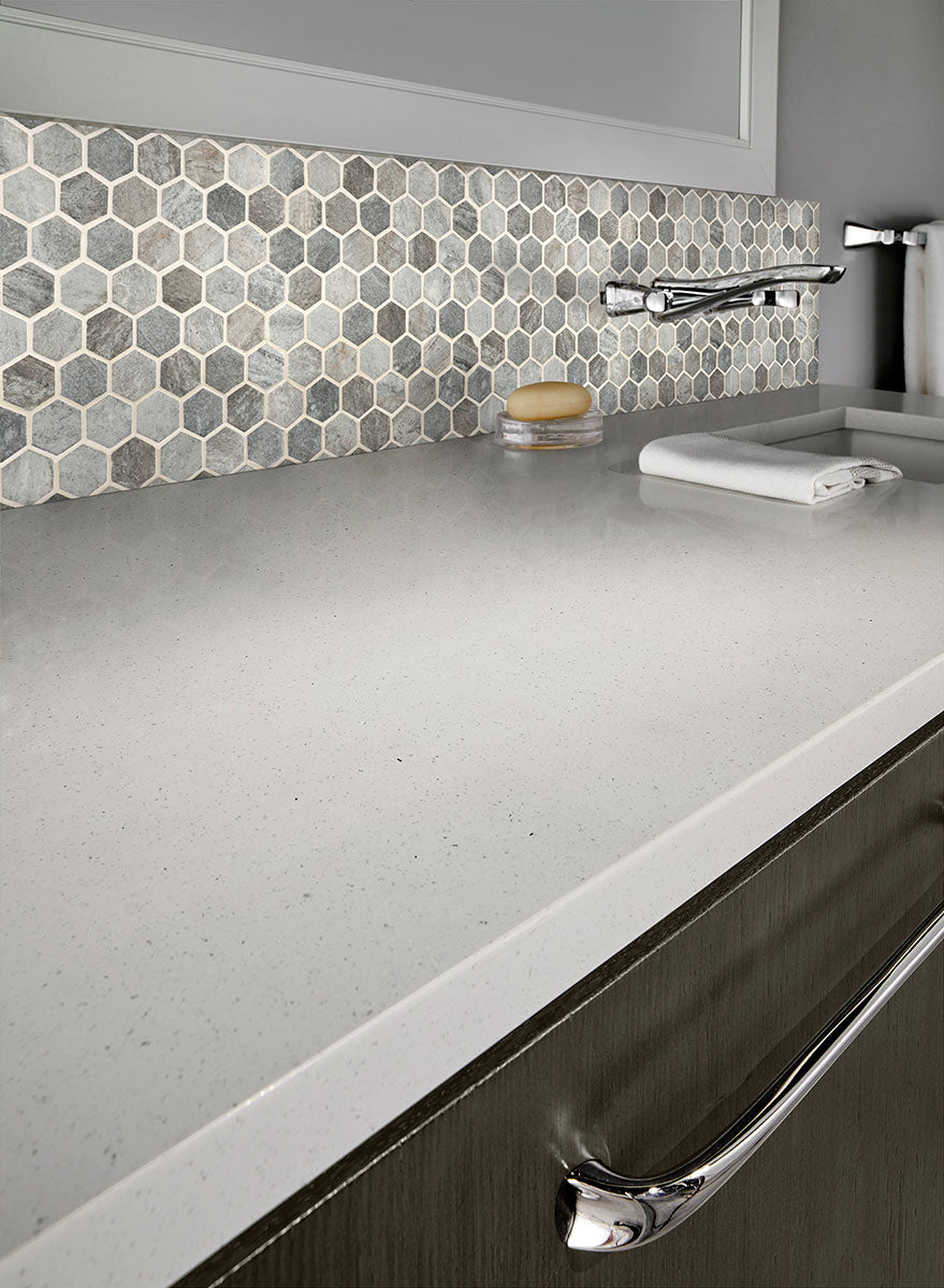 Stonella 2-inch Hexagon 6mm Recycled-Glass Mosaic — installed room view — color Stormy blue, greige and gray