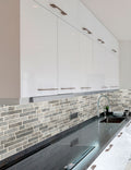 Stonella Interlocking 6mm Recycled-Glass Mosaic — installed room view — color Stormy blue, greige and sun-bleached gray