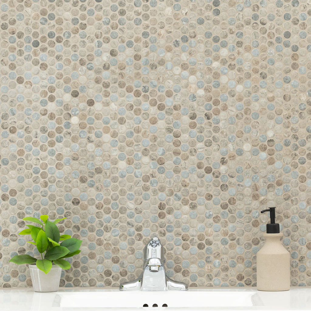 Stonella Penny Round 6mm Recycled-Glass Mosaic — installed room view — color Stormy blue, greige and gray