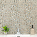 Stonella Penny Round 6mm Recycled-Glass Mosaic — installed room view — color Stormy blue, greige and gray
