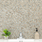 Stonella Penny Round 6mm Recycled-Glass Mosaic — installed room view — color Stormy blue, greige and gray
