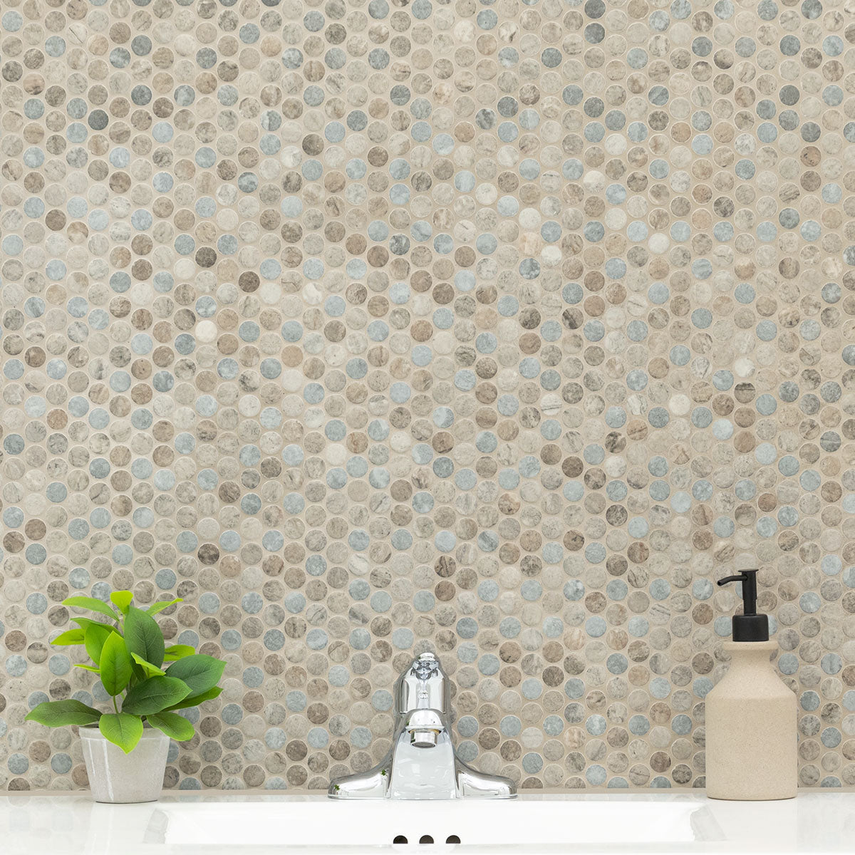 Stonella Penny Round 6mm Recycled-Glass Mosaic — installed room view — color Stormy blue, greige and gray