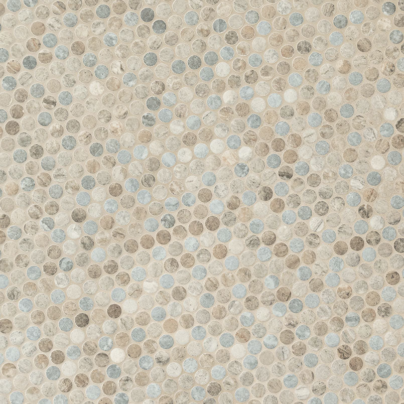 Stonella Penny Round 6mm Recycled-Glass Mosaic — isometric scale view