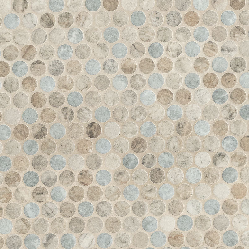 Stonella Penny Round 6mm Recycled-Glass Mosaic — clean product view — color Stormy blue, greige and gray