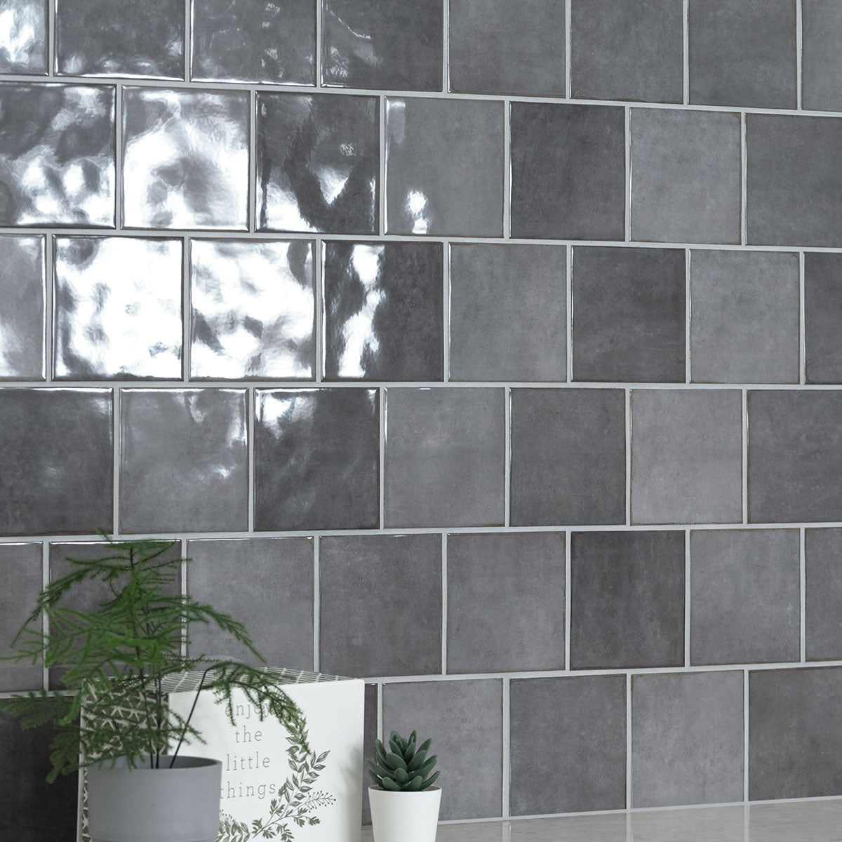Renzo Glossy Ceramic Wall Tile — installed room view — color Storm