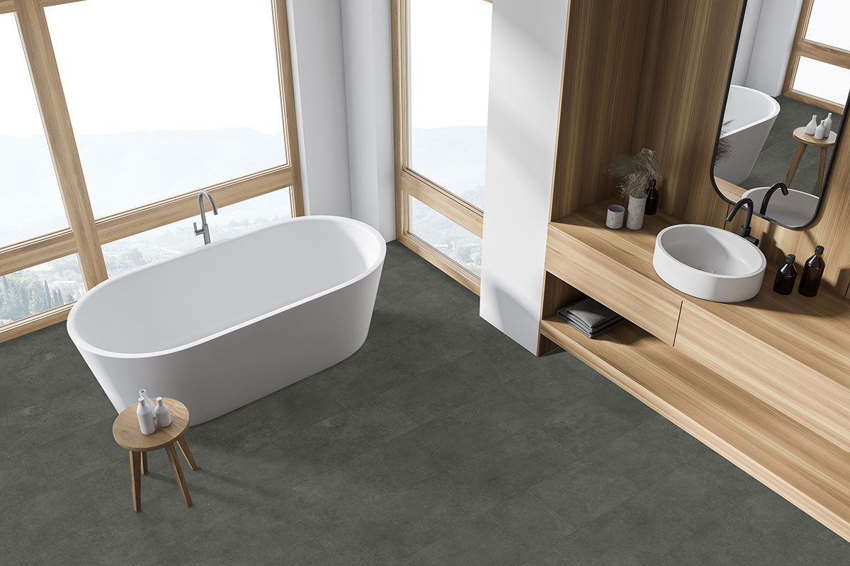 Trecento 12x24 5mm Stone-Look Rigid-Core Luxury Vinyl Tile — installed room view — color Stormbound