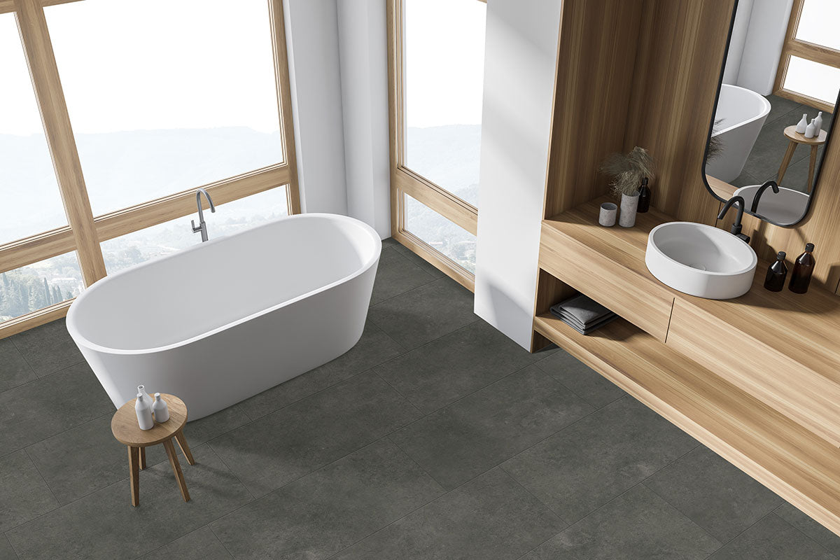 XL Trecento 18x36 Stone-Look Rigid-Core Luxury Vinyl Tile — installed room view — color Stormbound