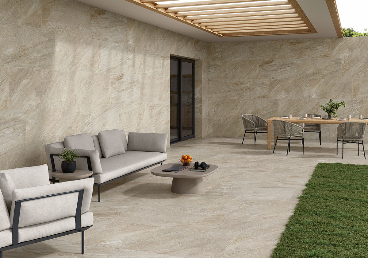 Traktion Stowe Slate-Look Porcelain Tile — installed room view — color Stowe Desert Amber