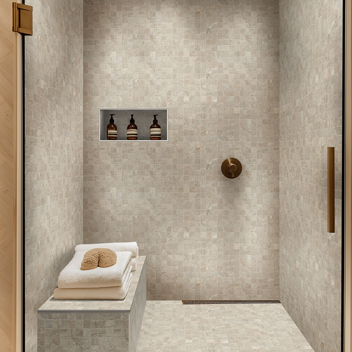 Traktion Stowe 2x2 Matte Porcelain Mosaic — installed room view — color Stowe Desert Amber