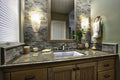 Taos Interlocking 8mm Crystallized-Glass Mosaic — installed room view — color Warm gold, brown and cool gray