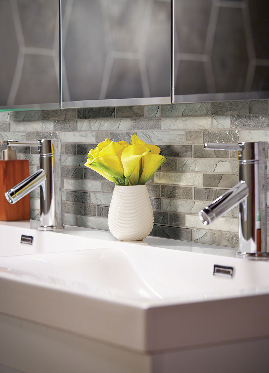Tarvos Interlocking 6mm Recycled-Glass Mosaic — installed room view — color Gray and greige