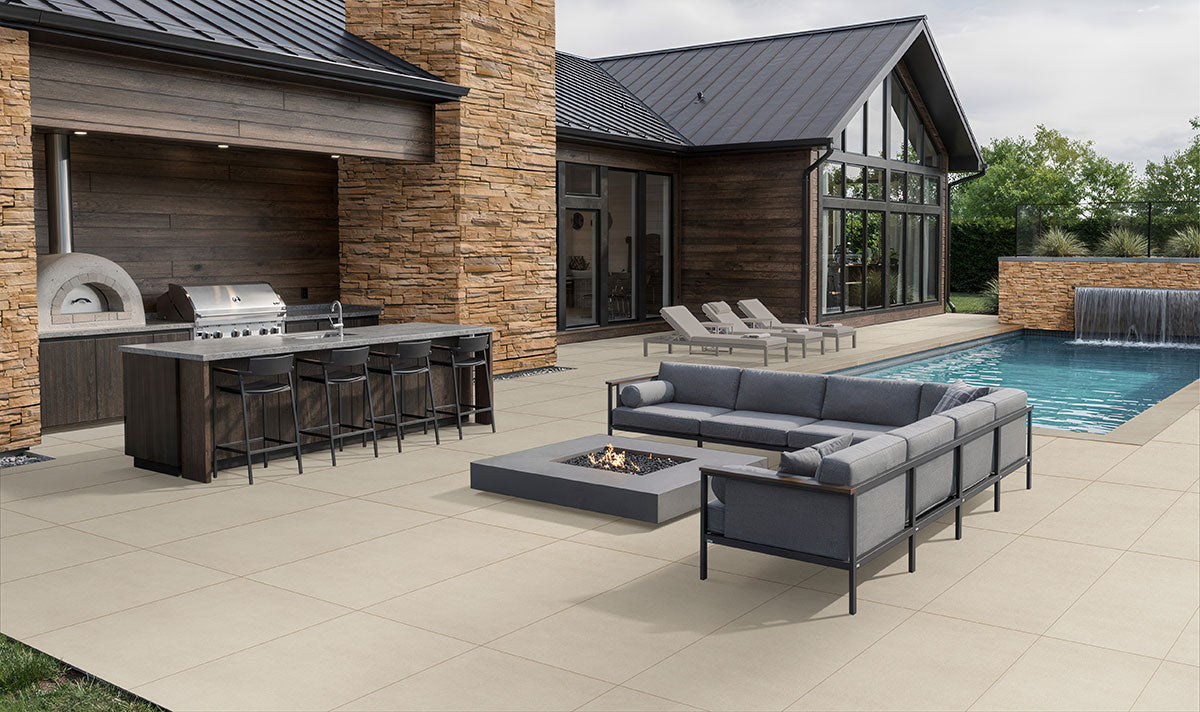 Terrado Manufactured-Stone Veneer Flats — installed room view — color Peninsula Sand