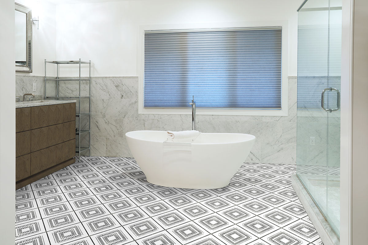 Zaria 8x8 Encaustic-Look Porcelain Tile — installed room view — color Tessa