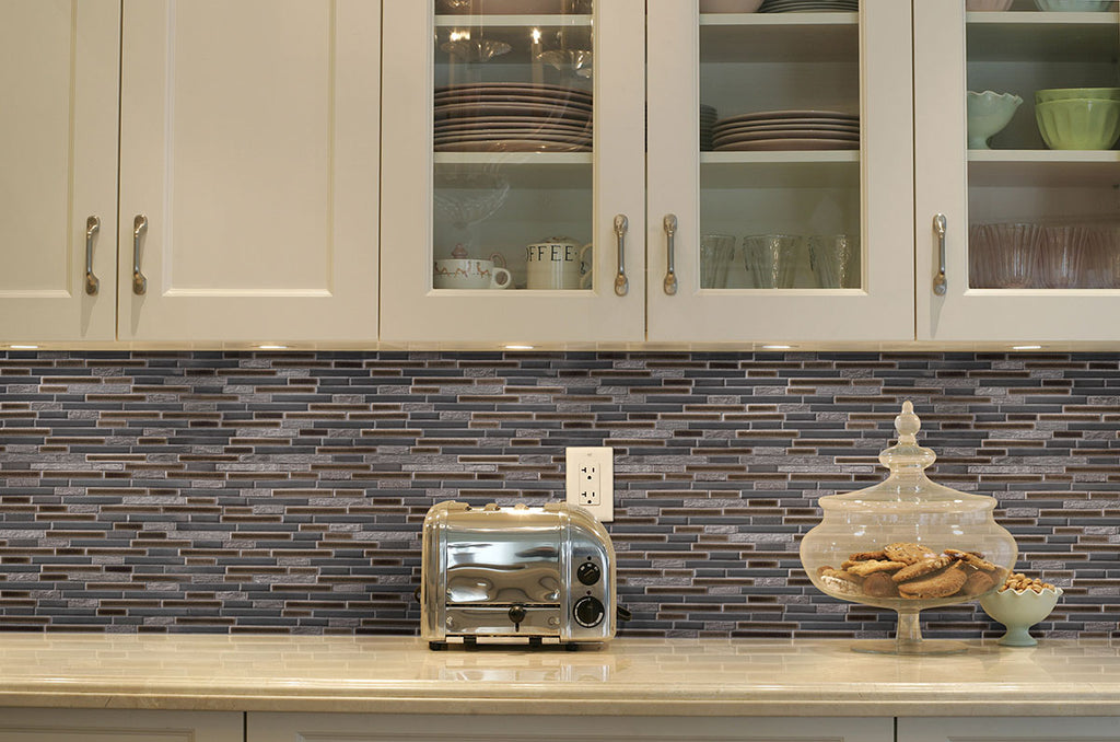 Titan Interlocking 8mm Stone-Glass Mosaic — installed room view — color Gray, beige and metallic neutrals