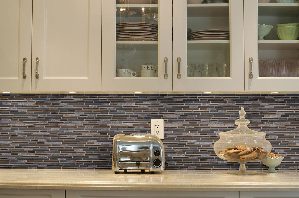 Titan Interlocking 8mm Stone-Glass Mosaic — installed room view — color Gray, beige and metallic neutrals