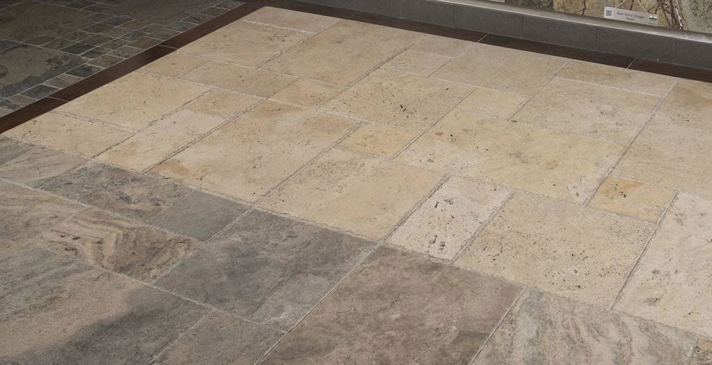 Tuscany Beige Versailles Pattern Travertine Tile — installed room view — color Beige and ivory