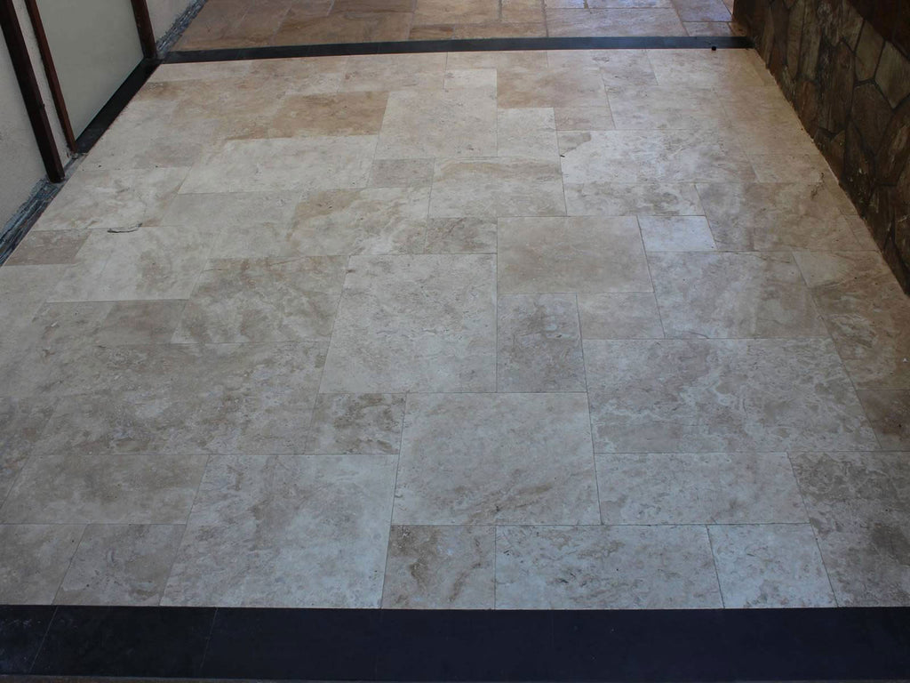 Tuscany Beige Honed-and-Filled Travertine Tile — installed room view — color Beige and ivory