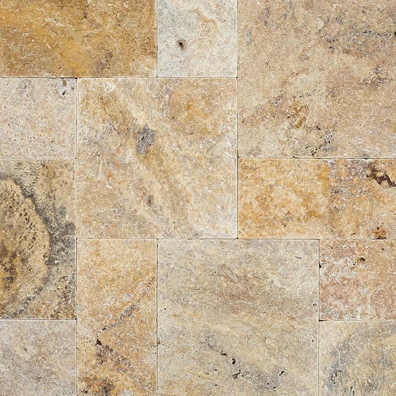 Tuscany Scabas Versailles Pattern Travertine Tile — close-up texture view — color Beige, yellow and gray
