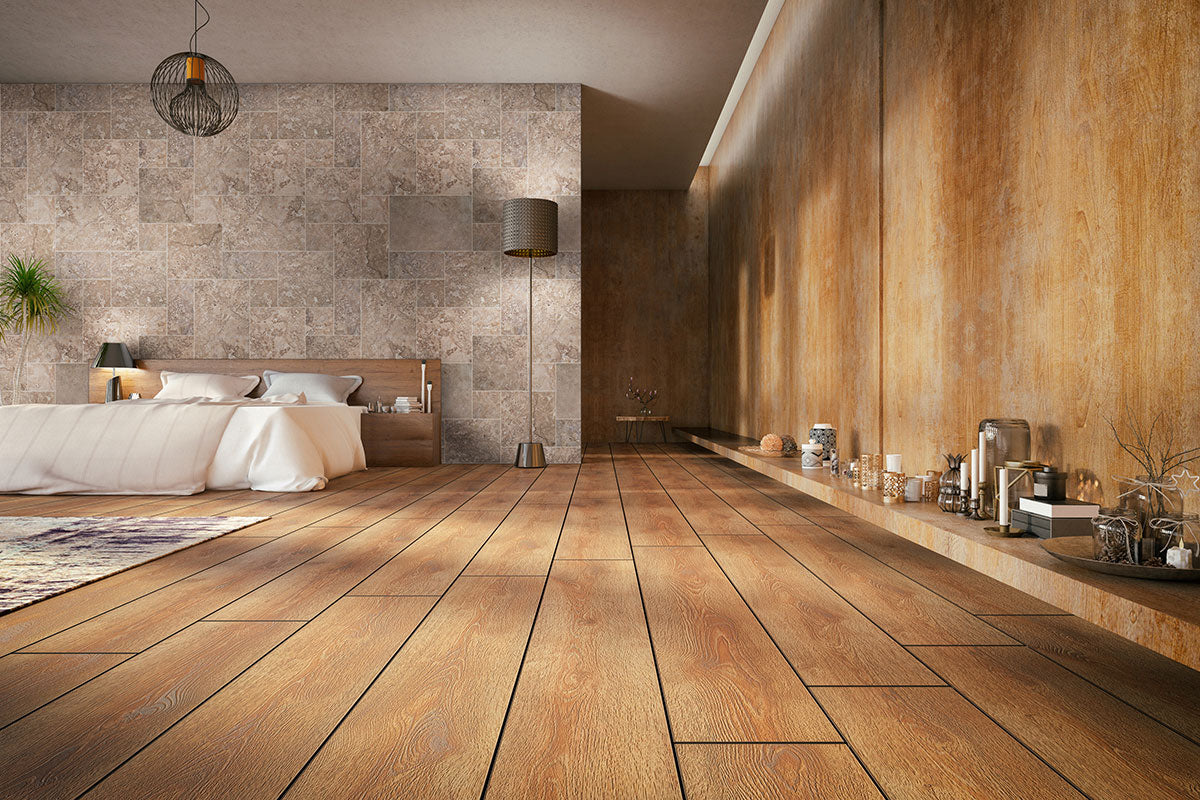 Tuscany Walnut Honed-and-Filled Travertine Tile — installed room view — color Walnut brown and beige