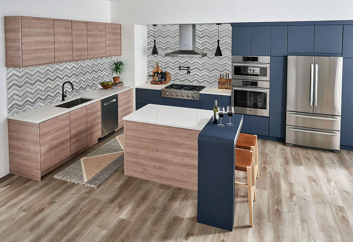 Urban Wave Lapis 3mm Glass Mosaic — installed room view — color Wave Lapis