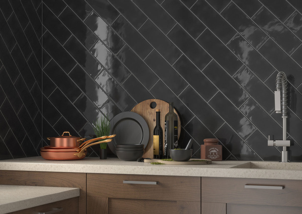 Urbano 3D Mix 4x12 Glossy Ceramic Wall Tile — installed room view — color Ink