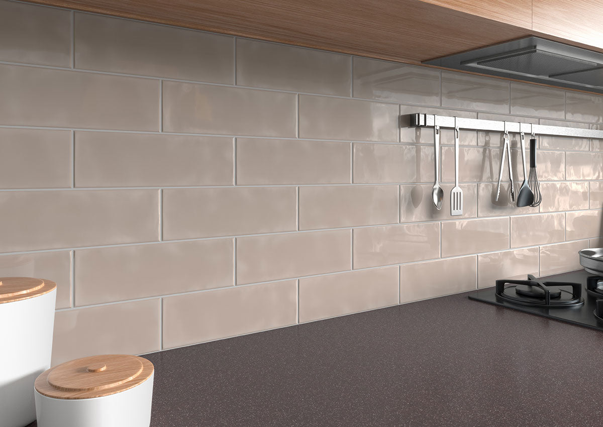 Urbano 3D Mix 4x12 Glossy Ceramic Wall Tile — installed room view — color Warm Concrete