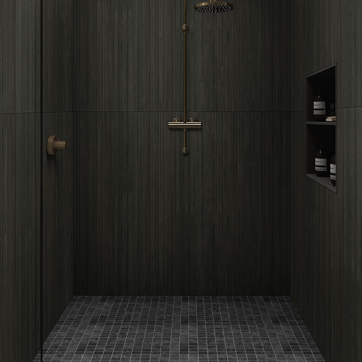 UrbanSlat 16x48 Fluted Ceramic Wall Tile — installed room view — color Carbon