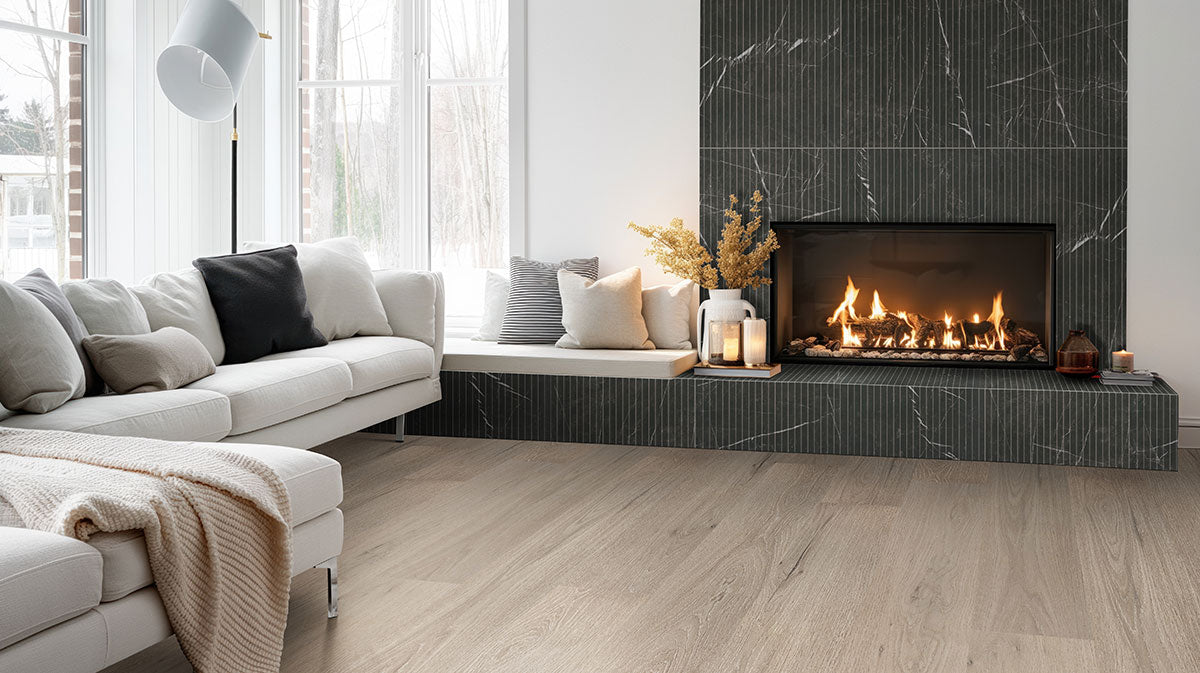 UrbanSlat 16x48 Fluted Ceramic Wall Tile — installed room view — color Marmi Noir