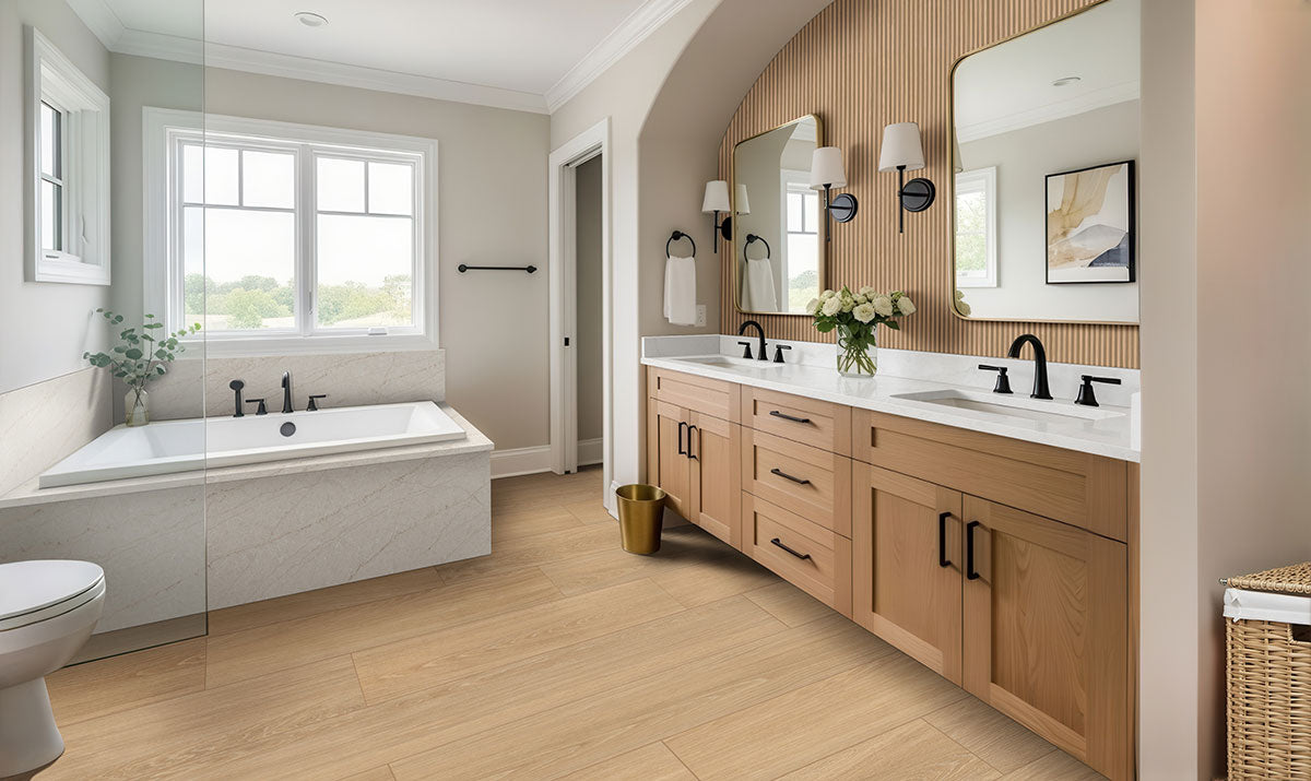 UrbanSlat 16x48 Fluted Ceramic Wall Tile — installed room view — color Timber